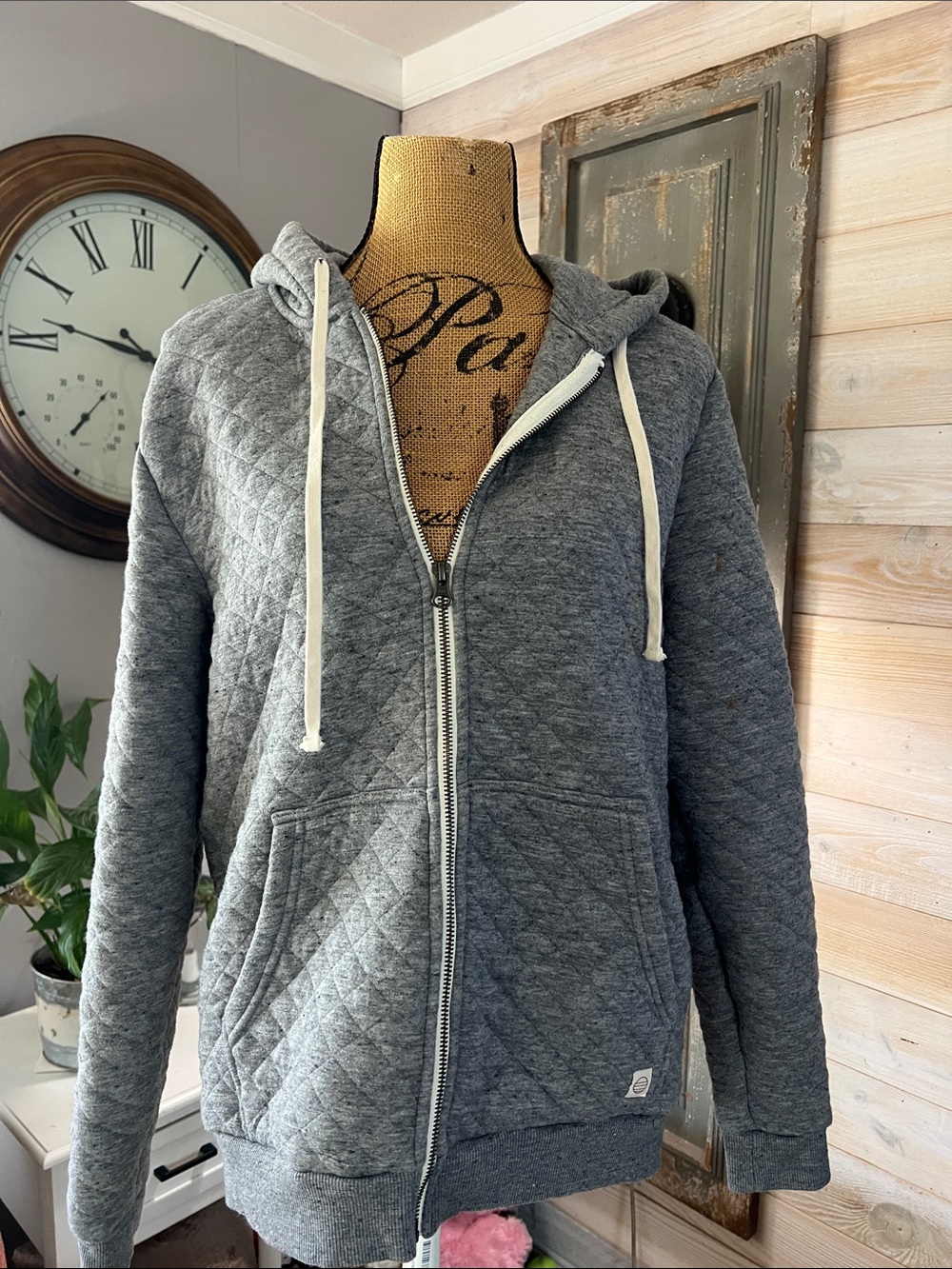 Marine Layer Quilted Gray Zip Hoodie with Cream Drawstrings